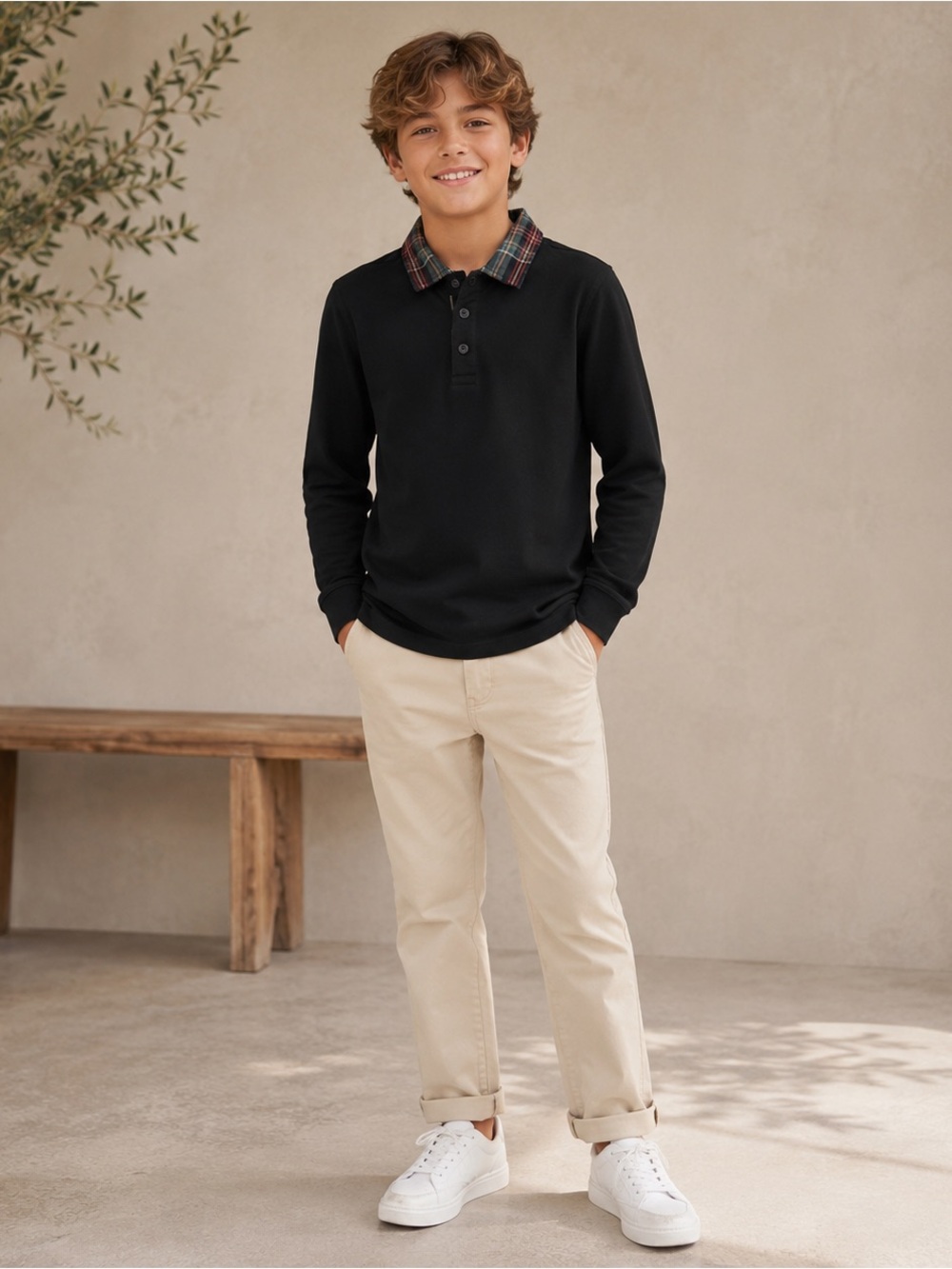 Tommy Bahama Boys Polo Shirt Size M 7/8 Black Long Sleeve Plaid Collar Cotton